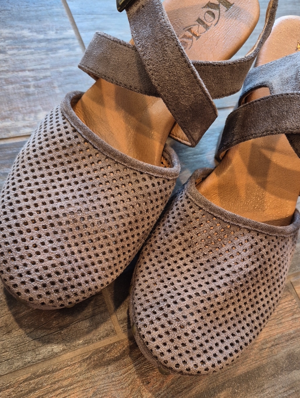 Korks Perforated Faux Suede Strappy Clog Block Heels in Taupe, 7.5/8